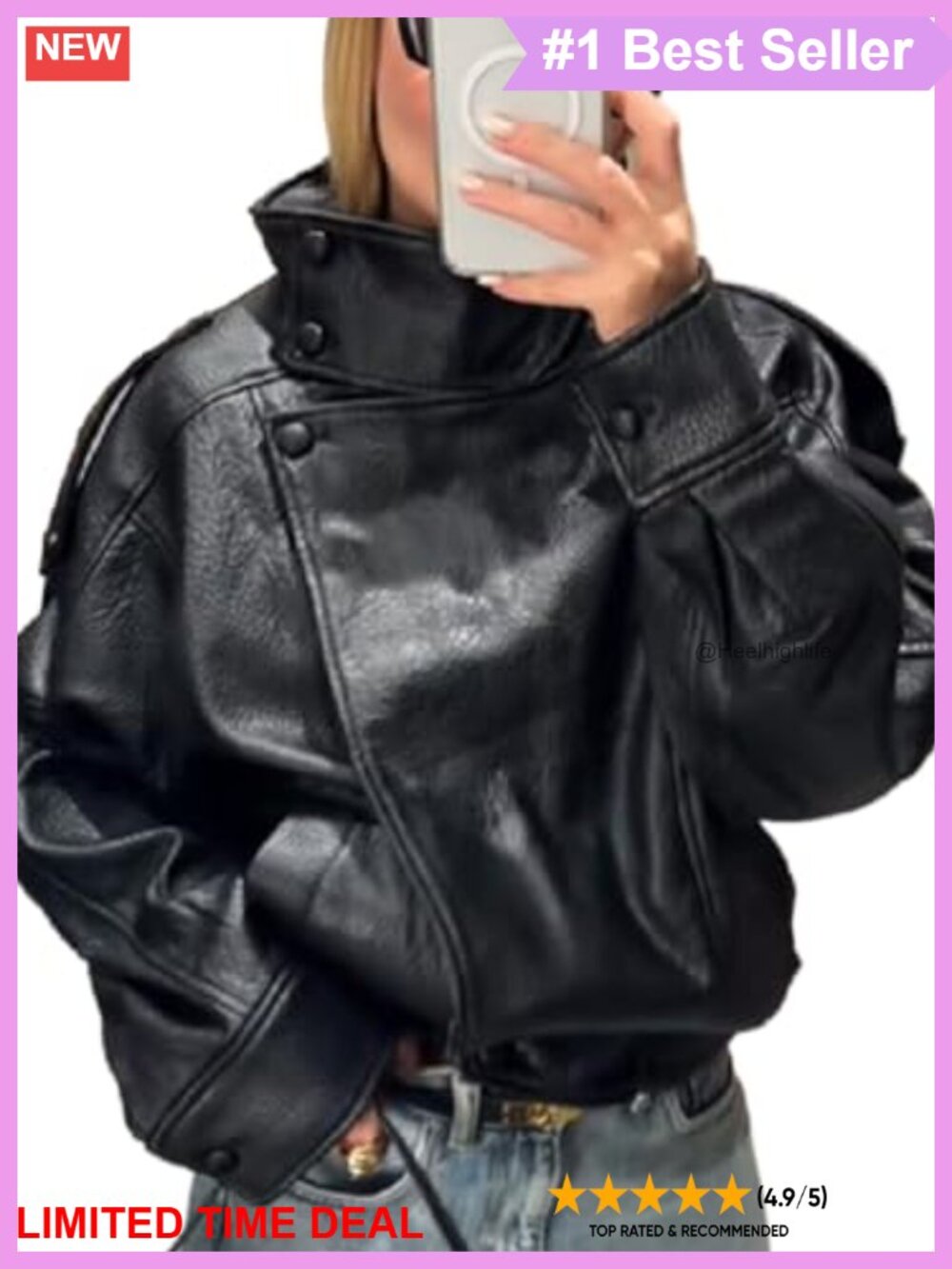 Faux Leather Jacket Stand-Up Collar Long Sleeve Casual Outerwear
